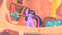 Size: 1366x768 | Tagged: safe, screencap, character:twilight sparkle, character:twilight sparkle (unicorn), species:pony, species:unicorn, bedroom eyes, crotch grab, female, golden oaks library, mare, meme, youtube caption