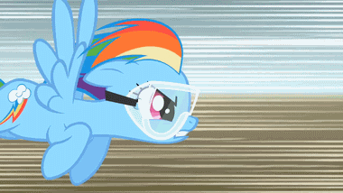 Size: 380x214 | Tagged: safe, screencap, character:rainbow dash, character:twilight sparkle, episode:lesson zero, g4, my little pony: friendship is magic, animated, duo, flying, magic, magic aura, midair, safety goggles, speed lines, tail pull