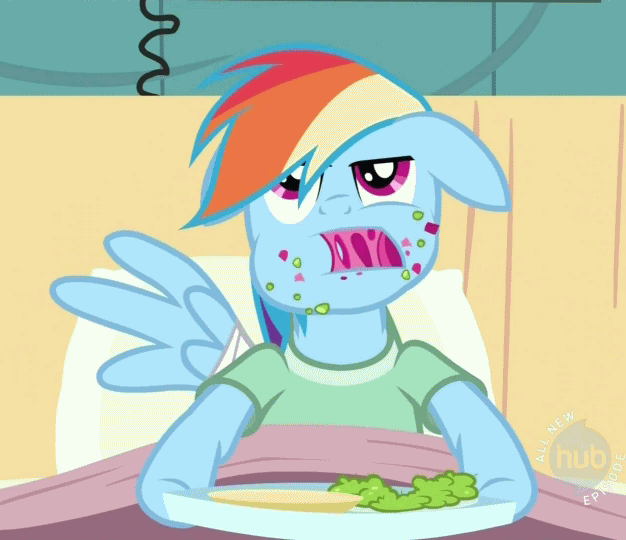 Size: 626x540 | Tagged: safe, screencap, character:rainbow dash, episode:read it and weep, g4, my little pony: friendship is magic, animated, bed, chewing, cropped, eating, floppy ears, food, hospital bed, hub logo, loop, messy, messy eating, solo