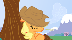 Size: 900x506 | Tagged: safe, screencap, character:applejack, episode:lesson zero, g4, my little pony: friendship is magic, sleeping, solo, tree