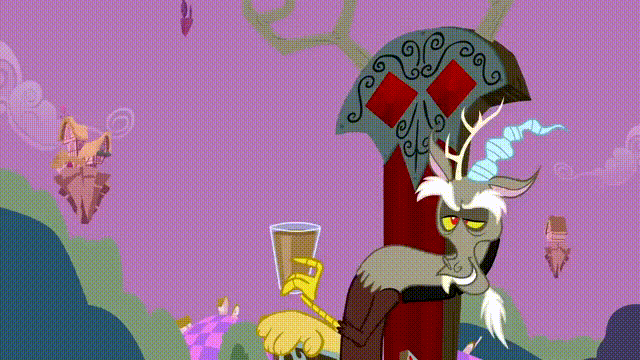 Size: 640x360 | Tagged: safe, screencap, character:discord, species:draconequus, episode:the return of harmony, g4, my little pony: friendship is magic, animated, chaos, chocolate milk, discord's throne, drink, floating island, glass, male, purple sky, solo, throne, wtf