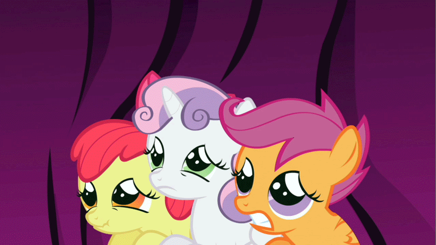 Size: 853x480 | Tagged: safe, screencap, character:apple bloom, character:scootaloo, character:sweetie belle, species:earth pony, species:pegasus, species:pony, species:unicorn, episode:friendship is magic, g4, my little pony: friendship is magic, animated, blinking, curtains, cutie mark crusaders, female, filly, foal, gif, scared, scrunchy face, trio