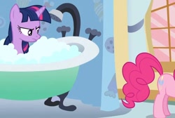 Size: 836x562 | Tagged: safe, screencap, character:pinkie pie, character:twilight sparkle, species:pony, bath, bathtub, female, mare, out of context, plot, unamused
