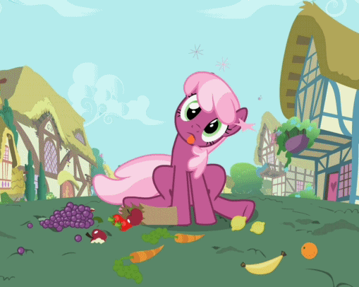 Size: 509x406 | Tagged: safe, screencap, character:cheerilee, episode:secret of my excess, g4, my little pony: friendship is magic, animated, apple, banana, carrot, circling stars, derp, dizzy, grapes, groceries, lemon, orange, strawberry, tongue out