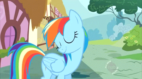 Size: 480x268 | Tagged: safe, screencap, character:rainbow dash, species:pegasus, species:pony, episode:the mysterious mare do well, g4, my little pony: friendship is magic, animated, female, hub logo, mare, offscreen character, purse, smack, solo