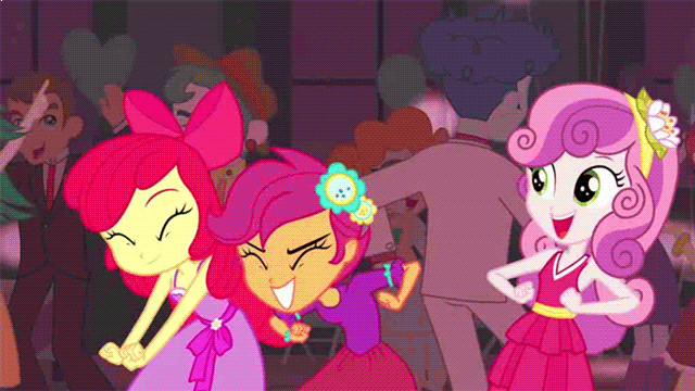 Size: 640x360 | Tagged: safe, screencap, character:apple bloom, character:curly winds, character:mystery mint, character:scootaloo, character:scott green, character:scribble dee, character:sweetie belle, species:pegasus, species:pony, equestria girls:equestria girls, g4, my little pony:equestria girls, accessory, adorabloom, animated, apple bloom's bow, background human, bow, chicken dance, clothing, curly winds, cute, cutealoo, cutie mark crusaders, dancing, diasweetes, dress, eyes closed, fall formal, fall formal outfits, female, flower, flower in hair, gif, grin, hair accessory, hair bow, offscreen character, open mouth, rose heart, scootachicken, scott green, silly, smiling, suit, sweet leaf, teddy t. touchdown, this is our big night, tuxedo