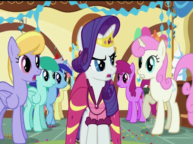 Size: 640x480 | Tagged: safe, screencap, character:berry punch, character:berryshine, character:cloud kicker, character:gala appleby, character:minuette, character:pink lady, character:rarity, character:spring melody, character:sprinkle medley, character:twinkleshine, episode:a bird in the hoof, g4, my little pony: friendship is magic, animated, apple family member, backing up, clothing, dress, gala dress, wrong aspect ratio
