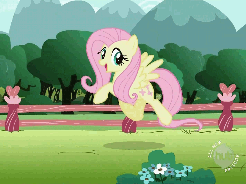 Size: 800x600 | Tagged: safe, screencap, character:fluttershy, species:pegasus, species:pony, episode:may the best pet win, g4, my little pony: friendship is magic, animated, female, gif, hub logo, looking at you, mare, outdoors, prancing, solo, spread wings, wings