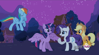 Size: 380x214 | Tagged: safe, screencap, character:applejack, character:pinkie pie, character:rainbow dash, character:rarity, character:twilight sparkle, character:twilight sparkle (alicorn), species:alicorn, species:pony, episode:magical mystery cure, g4, my little pony: friendship is magic, animated, balloon, celebrate, confetti, hub logo, hubble, partycorn, roleplaying, rope, suspended, swinging, the hub