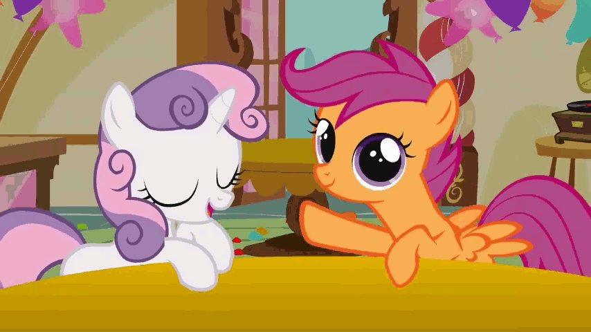 Size: 854x480 | Tagged: safe, screencap, character:scootaloo, character:sweetie belle, species:pegasus, species:pony, episode:call of the cutie, g4, my little pony: friendship is magic, animated, cute, cutealoo, duo, table