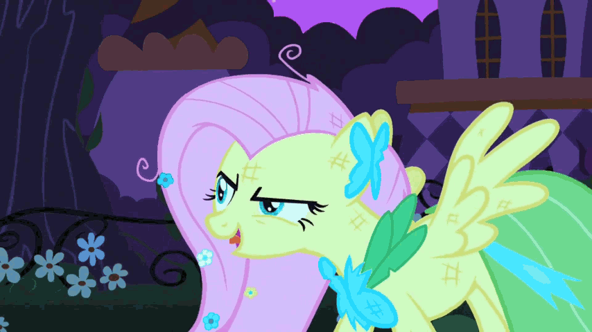 Size: 854x480 | Tagged: safe, screencap, character:fluttershy, species:pegasus, species:pony, episode:the best night ever, g4, my little pony: friendship is magic, animated, clothing, dress, evil, female, gala dress, insanity, laughing, lightning, mare, solo