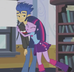 Size: 489x480 | Tagged: safe, screencap, character:flash sentry, character:twilight sparkle, ship:flashlight, equestria girls:equestria girls, g4, my little pony:equestria girls, bedroom eyes, brad, exploitable, female, hug, luna's office, male, shipping, straight