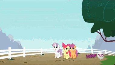 Size: 380x214 | Tagged: safe, screencap, character:apple bloom, character:rainbow dash, character:scootaloo, character:sweetie belle, species:pegasus, species:pony, episode:ponyville confidential, g4, my little pony: friendship is magic, animated, applebuse, cloud, cutie mark crusaders, hub logo, rain, raincloud, scootabuse, sweetiebuse