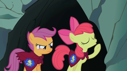 Size: 1280x720 | Tagged: safe, screencap, character:apple bloom, character:scootaloo, species:pegasus, species:pony, episode:stare master, g4, my little pony: friendship is magic, it begins, meme, origin story, scootachicken, scootaloo is not amused