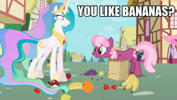 Size: 1280x720 | Tagged: safe, screencap, character:cheerilee, character:princess celestia, species:alicorn, species:earth pony, species:pony, episode:secret of my excess, g4, my little pony: friendship is magic, apple, banana, do you like bananas?, female, food, friendship is magic bitch, grapes, grin, lemon, mare, orange, paper bag, ponyville, smiling, strawberry, trollestia, tyrant celestia