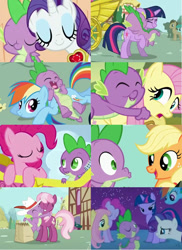 Size: 714x980 | Tagged: safe, screencap, character:applejack, character:cheerilee, character:fluttershy, character:pinkie pie, character:rainbow dash, character:rarity, character:spike, character:twilight sparkle, character:twilight sparkle (unicorn), species:dragon, species:earth pony, species:pegasus, species:pony, species:unicorn, ship:applespike, ship:flutterspike, ship:pinkiespike, ship:rainbowspike, ship:sparity, ship:twispike, episode:a dog and pony show, episode:fall weather friends, episode:feeling pinkie keen, episode:friendship is magic, episode:owl's well that ends well, episode:secret of my excess, g4, my little pony: friendship is magic, cheerispike, collage, female, harem, interspecies, lucky bastard, male, mane seven, mane six, shipping, spike gets all the mares, straight
