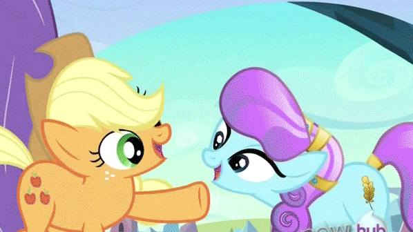 Size: 598x336 | Tagged: safe, screencap, character:applejack, character:sapphire joy, species:crystal pony, species:earth pony, species:pony, episode:the crystal empire, g4, my little pony: friendship is magic, animated, background pony, blinking, clothing, cowboy hat, cute, eye contact, female, hat, head tilt, jackabetes, looking at each other, mare, open mouth, raised hoof, silly, silly pony, smiling, stetson, who's a silly pony