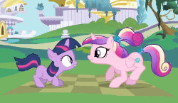 Size: 250x145 | Tagged: safe, screencap, character:princess cadance, character:twilight sparkle, episode:a canterlot wedding, g4, my little pony: friendship is magic, animated, cute, cutedance, eye contact, filly, gif, gif for breezies, jumping, picture for breezies, prancing, singing, smiling, sunshine sunshine, talking, teen princess cadance, twiabetes, younger