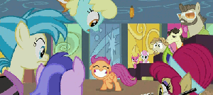 Size: 300x134 | Tagged: safe, screencap, character:allie way, character:big wig, character:cherry berry, character:jeff letrotski, character:sassaflash, character:scootaloo, character:sea swirl, character:twinkleshine, species:pegasus, species:pony, animated, colter sobchak, dancing, happy, the dude, theodore donald "donny" kerabatsos