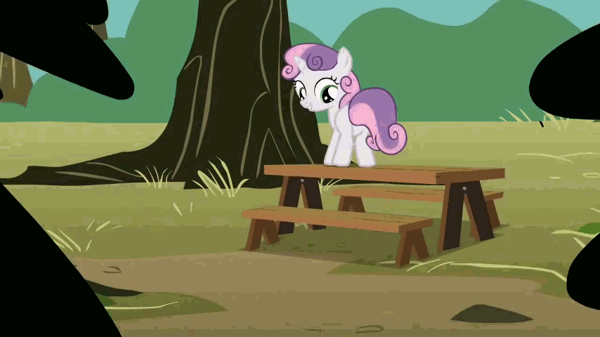 Size: 854x480 | Tagged: safe, screencap, character:sweetie belle, species:pony, species:unicorn, episode:the show stoppers, g4, my little pony: friendship is magic, animated, apple, apple tree, artifact, bush, butt, butt shake, cute, day, diasweetes, dirt, dusting, eyes closed, female, filly, grass, open mouth, picnic table, plot, pond, prehensile tail, singing, smiling, solo, sweepy belle, talking, tree, tree stump