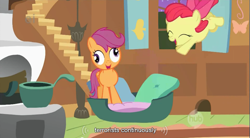 Size: 855x472 | Tagged: safe, screencap, character:apple bloom, character:scootaloo, species:pegasus, species:pony, derp, stare, terrorist, youtube caption