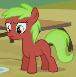Size: 289x295 | Tagged: safe, screencap, character:red june, species:earth pony, species:pony, episode:apple family reunion, g4, my little pony: friendship is magic, annoyed, apple family member, background pony, blank flank, cropped, filly, solo