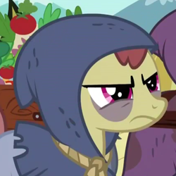 Size: 427x427 | Tagged: safe, screencap, species:earth pony, species:pony, episode:hearth's warming eve, g4, my little pony: friendship is magic, amaranthine, background pony, bags under eyes, cropped, earth pony tribe, female, grumpy, hood, mare, narrowed eyes, peasant, solo