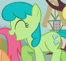 Size: 744x686 | Tagged: safe, screencap, character:tropical spring, species:earth pony, species:pony, episode:a friend in deed, g4, my little pony: friendship is magic, background pony, eyes closed, female, green jewel, happy, mare, solo focus