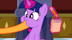 Size: 640x360 | Tagged: safe, screencap, character:applejack, character:twilight sparkle, episode:a canterlot wedding, g4, my little pony: friendship is magic, hoof in mouth, hoofjack, magic, notepad, out of context, pencil, puffy cheeks, telekinesis