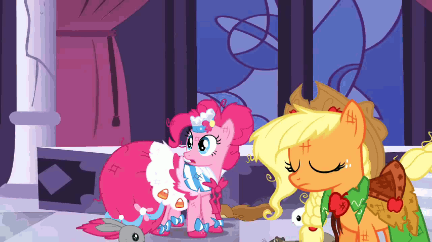 Size: 854x480 | Tagged: safe, screencap, character:applejack, character:eclair créme, character:fluttershy, character:orion, character:perfect pace, character:pinkie pie, species:bird, species:rabbit, episode:the best night ever, g4, my little pony: friendship is magic, animated, animation error, clothing, dress, ferret, flamingo, gala dress, messy mane, mouth hold, running, scratches, scruffy, squirrel, the master, youtube link
