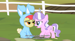 Size: 853x475 | Tagged: safe, screencap, character:apple bloom, character:diamond tiara, episode:family appreciation day, g4, my little pony: friendship is magic, bunny bloom, bunny costume, clothing, mcdonald's, youtube caption