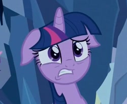 Size: 537x440 | Tagged: safe, screencap, character:twilight sparkle, episode:a canterlot wedding, g4, my little pony: friendship is magic, cropped, crystal caverns, floppy ears, frown, gritted teeth, solo