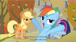 Size: 853x474 | Tagged: safe, screencap, character:applejack, character:rainbow dash, character:twilight sparkle, youtube caption
