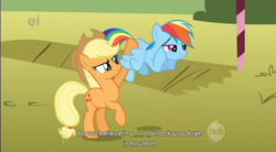 Size: 856x471 | Tagged: safe, screencap, character:applejack, character:rainbow dash, youtube caption