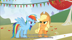 Size: 853x473 | Tagged: safe, screencap, character:applejack, character:rainbow dash, youtube caption