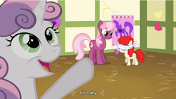 Size: 854x481 | Tagged: safe, screencap, character:cheerilee, character:sweetie belle, character:twist, episode:hearts and hooves day, g4, my little pony: friendship is magic, meme, pin the heart on the pony, ponyville schoolhouse, youtube caption