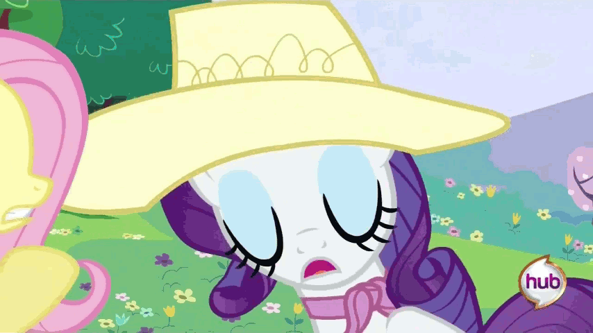 Size: 854x480 | Tagged: safe, screencap, character:fluttershy, character:rarity, episode:a canterlot wedding, g4, my little pony: friendship is magic, animated, clothing, derp, duo, faint, hat, hub logo, marshmelodrama