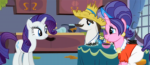 Size: 640x279 | Tagged: safe, screencap, character:cookie crumbles, character:hondo flanks, character:rarity, ship:cookieflanks, episode:sisterhooves social, g4, my little pony: friendship is magic, animated, burnt, parent, shipping, smoke