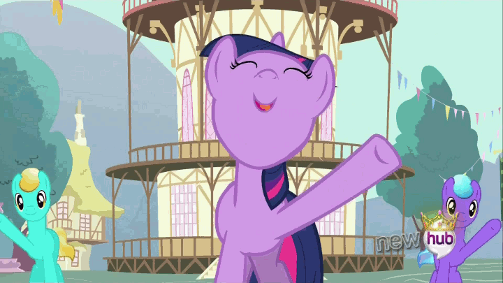 Size: 720x405 | Tagged: safe, screencap, character:bright smile, character:twilight sparkle, character:twilight sparkle (unicorn), species:crystal pony, species:pony, species:unicorn, episode:magical mystery cure, g4, my little pony: friendship is magic, animated, female, hub logo, hubble, male, mare, ponyville town hall, rubinstein, stallion, town hall, water, wet, wet mane
