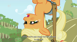 Size: 851x471 | Tagged: safe, screencap, character:applejack, solo, upside down, youtube caption