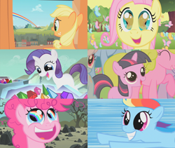 Size: 1706x1440 | Tagged: safe, screencap, character:applejack, character:fluttershy, character:pinkie pie, character:rainbow dash, character:rarity, character:twilight sparkle, episode:the cutie mark chronicles, g4, my little pony: friendship is magic, blank flank, collage, eye reflection, female, filly, filly applejack, filly fluttershy, filly pinkie pie, filly rainbow dash, filly rarity, filly twilight sparkle, gem, rainbow, reflection, rock farm, speed lines, wide eyes, younger