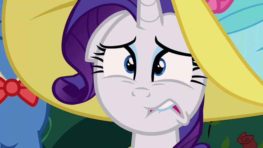 Size: 853x480 | Tagged: safe, screencap, character:rarity, episode:sweet and elite, g4, my little pony: friendship is magic, animated, cringing, shifty eyes, solo