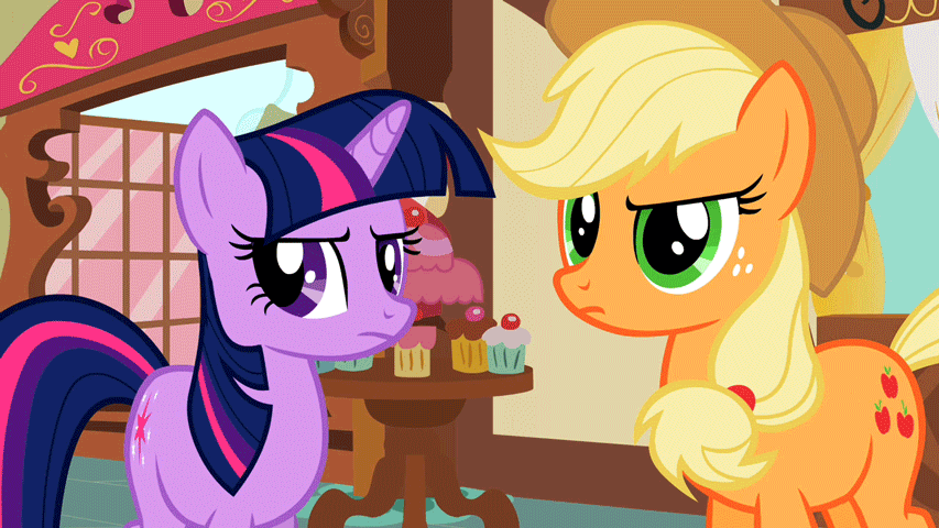 Size: 853x480 | Tagged: safe, screencap, character:applejack, character:twilight sparkle, episode:the mysterious mare do well, g4, my little pony: friendship is magic, animated, duo, looking at each other, loop, sugarcube corner