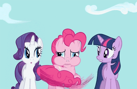 Size: 470x305 | Tagged: safe, screencap, character:pinkie pie, character:rarity, character:twilight sparkle, episode:read it and weep, g4, my little pony: friendship is magic, animated, cartoon physics, good trick, loop, pinkie being pinkie, pinkie physics, puffy cheeks, spinning