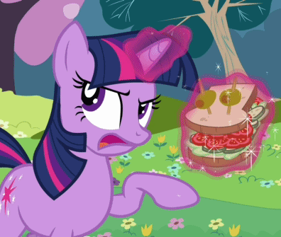 Size: 396x335 | Tagged: safe, screencap, character:twilight sparkle, character:twilight sparkle (unicorn), species:pony, species:unicorn, episode:a canterlot wedding, g4, my little pony: friendship is magic, animated, female, glowing horn, horn, magic, mare, sandwich, sandwich armor, solo, telekinesis