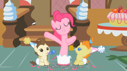 Size: 853x480 | Tagged: safe, screencap, character:pinkie pie, character:pound cake, character:pumpkin cake, species:pony, episode:baby cakes, g4, my little pony: friendship is magic, baby, baby pony, cake, catholicism, clothing, colt, diaper, filly, foal, hat, male, party hat, party horn, youtube caption