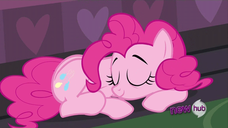 Size: 768x432 | Tagged: safe, screencap, character:pinkie pie, species:earth pony, species:pony, episode:mmmystery on the friendship express, g4, my little pony: friendship is magic, animated, behaving like a cat, behaving like a dog, cute, diapinkes, ear scratch, female, horses doing horse things, hub logo, lidded eyes, mare, open mouth, prone, puppy pie, scratching, sleeping, sleepy, snoring, solo