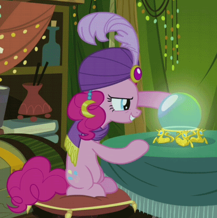 Size: 433x435 | Tagged: safe, screencap, character:pinkie pie, episode:it's about time, g4, my little pony: friendship is magic, animated, cropped, crystal ball, fortune teller, loop, madame pinkie, solo, turban