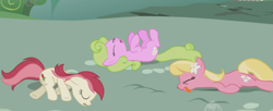 Size: 1269x520 | Tagged: safe, screencap, character:daisy, character:lily, character:lily valley, character:roseluck, species:earth pony, species:pony, episode:applebuck season, g4, my little pony: friendship is magic, blep, cute, ei, eyes closed, faint, female, floppy ears, flower trio, frown, hub logo, legs in air, mare, on back, open mouth, playing dead, prone, tongue out