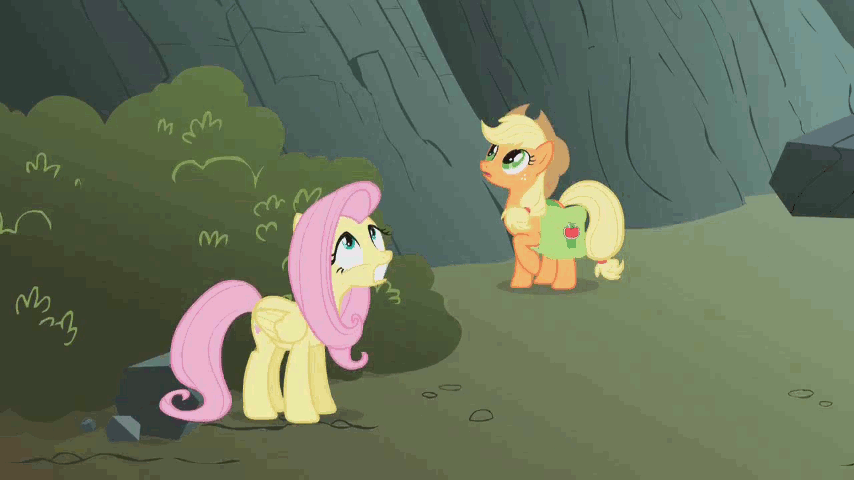 Size: 854x480 | Tagged: safe, screencap, character:applejack, character:fluttershy, episode:dragonshy, g4, my little pony: friendship is magic, animated, behaving like a goat, faint, fainting goat, falling, saddle bag, scared